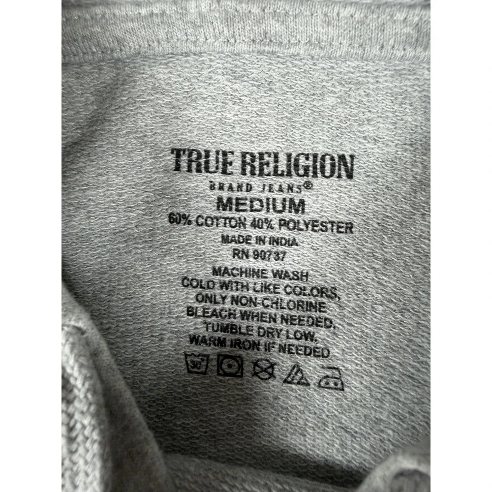 True Religion Hoodie Mens Medium Gray Terry Cloth Back Logo Black Stitching